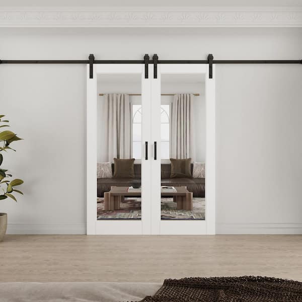56 in. x 80 in. 1-Lite Tempered Clear Glass White Primed Solid Core MDF Sliding Barn Door with Hardware Kit