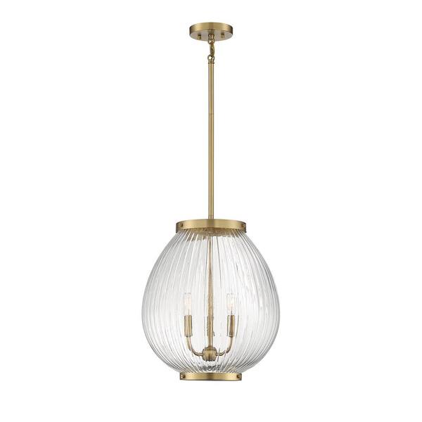 Filament Design 3-Light Warm Brass Pendant with Clear Ribbed Glass