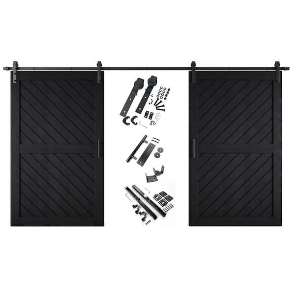 HOMACER XT2 50 in. x 80 in. C-Panel Black Slanted Stripe Design Double Pine Wood Sliding Barn Door with Hardware Kit