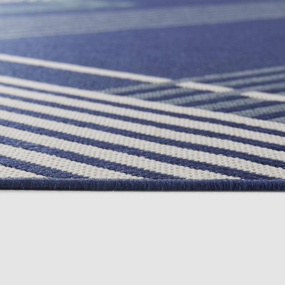 Navy and White Braided Synthetic Stripe Area Rug
