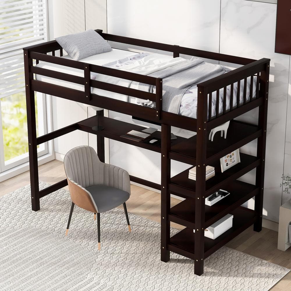 Twin Size Loft Bed with Desk and Storage Shelves Wood Loft Bed Frame with Guard Rail for Kids Teens Adults Espresso