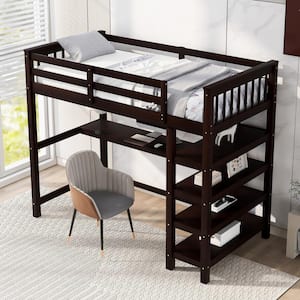 Twin Size Loft Bed with Desk and Storage Shelves, Wood Loft Bed Frame with Guard Rail for Kids, Teens, Adults, Espresso