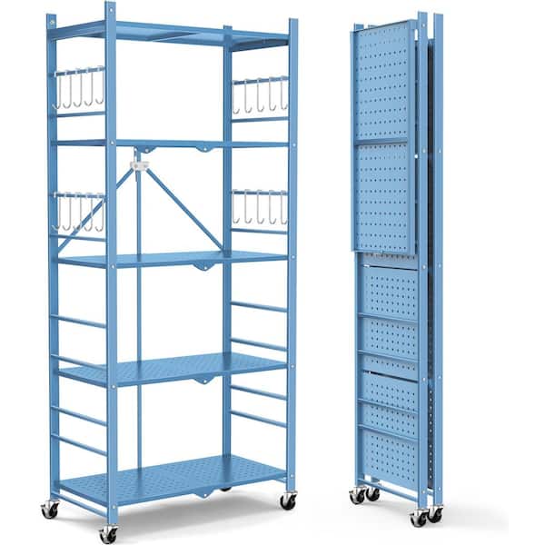 TAZPI 5-Tier Collapsible Storage Shelves Folding Pantry Shelves Wire Shelving in with 20 Hooks, Blue