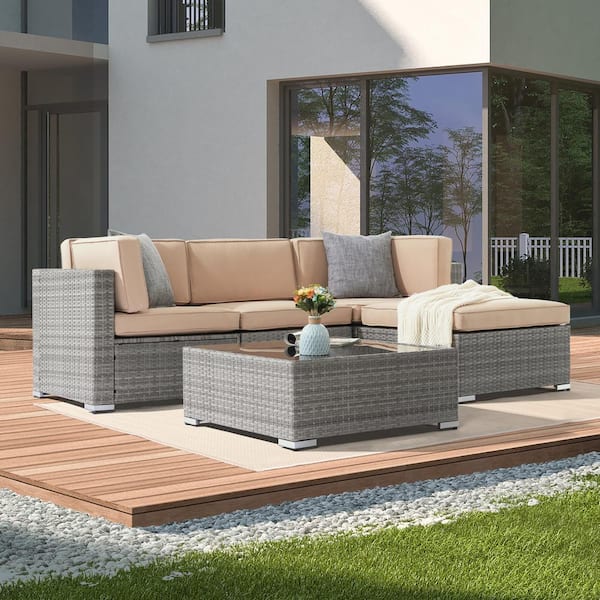 JOYESERY 5-Pieces PE Rattan Wicker Outdoor Sectional Conversation Couch Sets All-Weather Sofa Sets with Light Tan Cushion