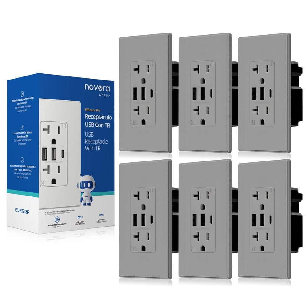 30W 6.0 Amp 3-Port USB Wall Outlet 20A Duplex Receptacle with Dual USB Ports, w/ Srewless Wall Plate, Matte Grey 6-Piece price history on PriceWatchPro