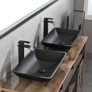 Glass Rectangular Vessel Sink in Matte Black with Faucet and Pop-Up Drain