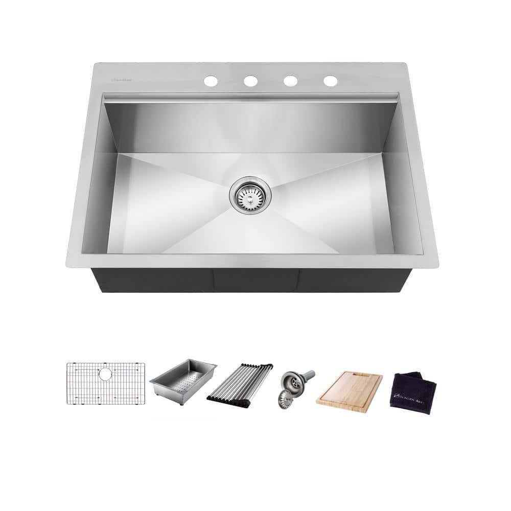 Glacier Bay Zero Radius Drop-in 18G Stainless Steel 30 in. 4-Hole Single Bowl Workstation Kitchen Sink with Accessories, Silver