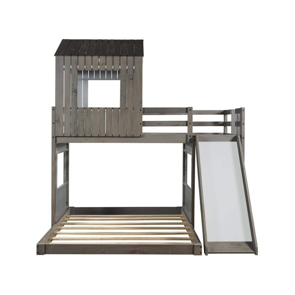 Angel Sar Antique Gray Wooden Twin Over Full Bunk Bed with Ladder ...