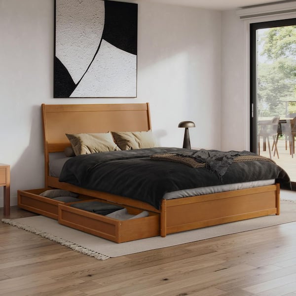 AFI Casanova Light Toffee Natural Bronze Solid Wood Frame Queen Platform Bed with Panel Footboard and Storage Drawers