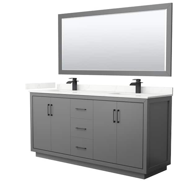 Wyndham Collection Icon 72 in. W x 22 in. D x 35 in. H Double Bath Vanity in Dark Gray with Giotto Quartz Top and 70 in. Mirror