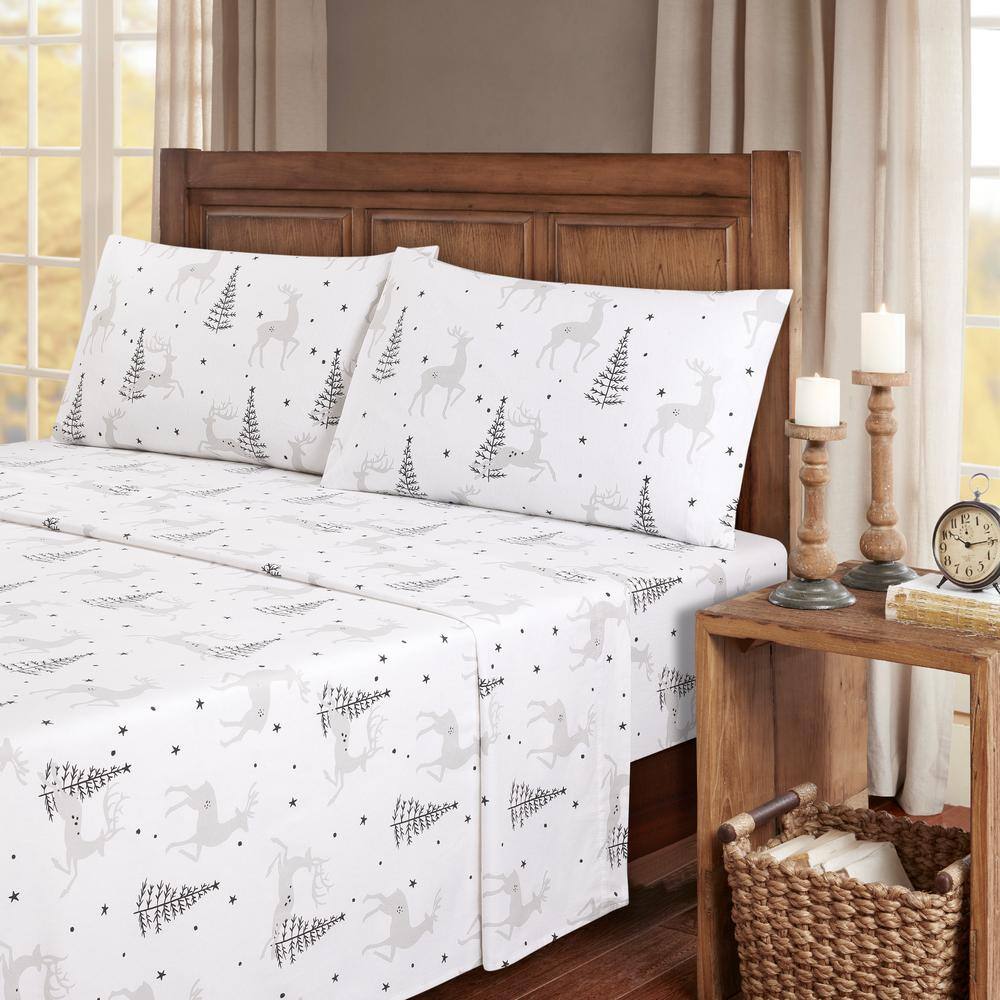 Twin White Cotton Flannel Animal Print Sheet Set