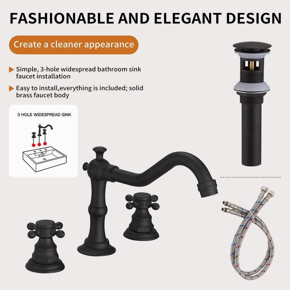 Matte Black 8-Inch Widespread 2-Handle Bathroom Faucet with Drain Kit