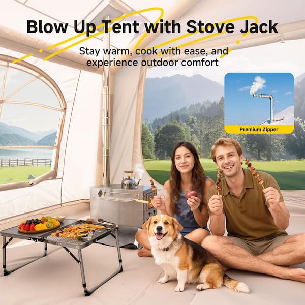 12-Person Inflatable Blow Up Tent with 4 Mesh Windows for Camping, 4 Seasons Waterproof Oxford Hot Tent with Manual Pump