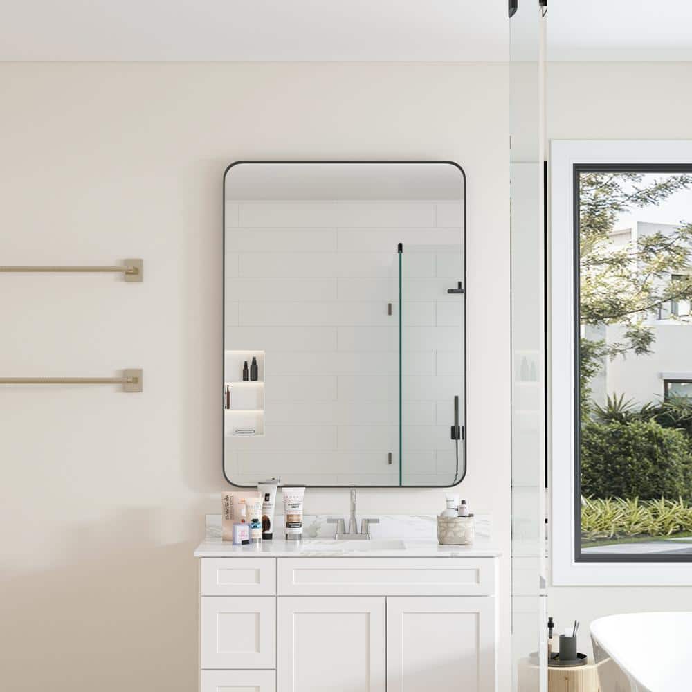 30 in. W x 40 in. H Rounded Rectangular Metal Framed Modern Wall Mirror Bat