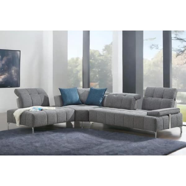 HomeRoots 130 in. Square Arm 3-piece Polyester L-Shaped Sectional Sofa in. Gray
