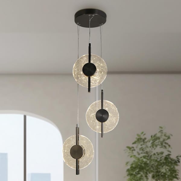LNC Philodendron 3-Light Integrated LED Brushed Gunmetal Gray Modern Chandelier with Clear Handmade Ripple Glass Discs