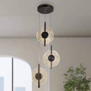 Philodendron 3-Light Integrated LED Plating Brushed Black Chandelier with Clear Handmade Ripple Glass