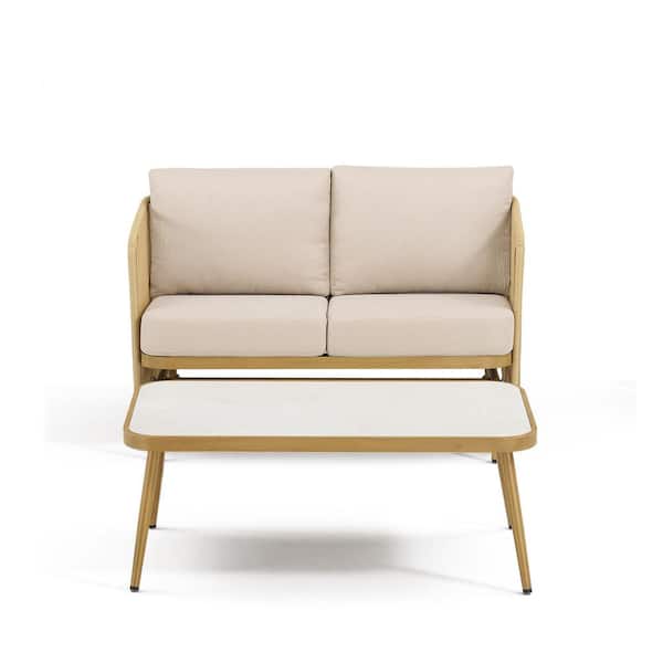Buenaola Nyajiah Yellow 2-Piece Wicker Outdoor Loveseat Patio Glider Lounge Chair Set with Beige Cushions and Coffee Table