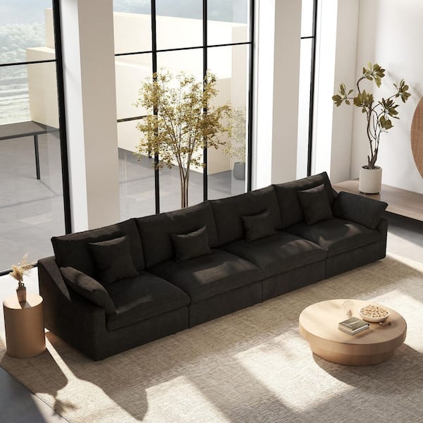 156 in. Square Arm Modern 4-Piece Free Combination Linen Cloud Modular Sectional Sofa with Washable Covers in. Black