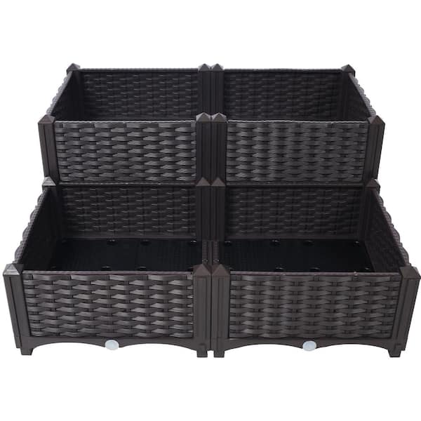 Misopily 31.50" Brown Plastic Rectangular Outdoor Planter Raised Beds with Drainage Plug and Self-Watering for Vegetable Flower