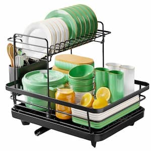 Black Kitchen Counter Style, Stainless Steel with Cutlery Holder, 12 in. W x 15.5 in. L, 2 Tiers Dish Rack