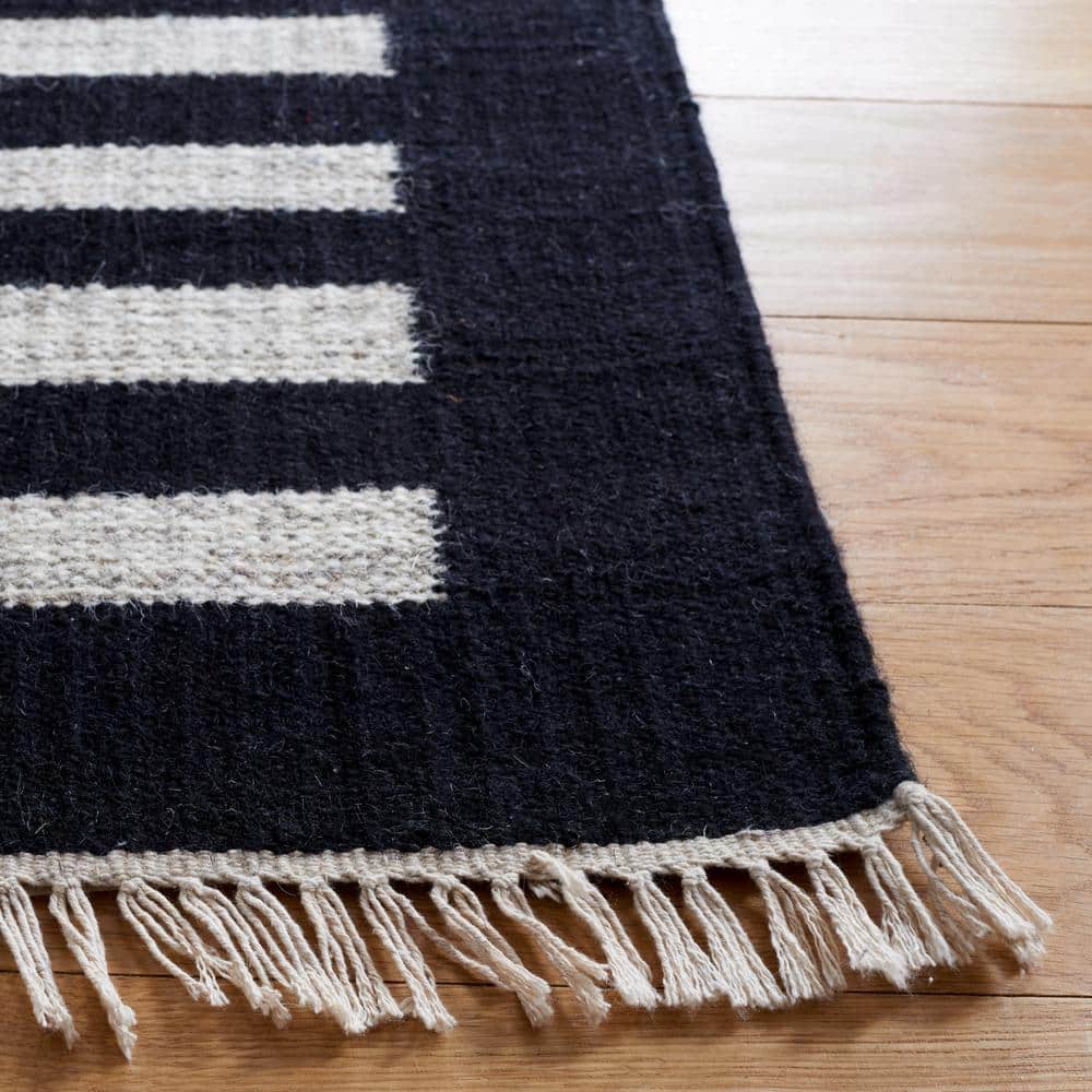 Black and Beige Striped Wool Flat Woven Area Rug
