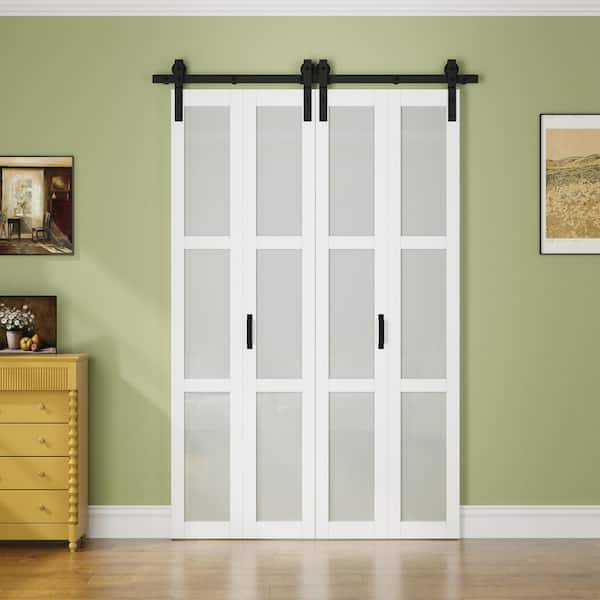50 in. x 84 in. 3-Lite Tempered Frosted Glass White Finished Glass Bi-Fold Sliding Barn Door with Hardware Kit