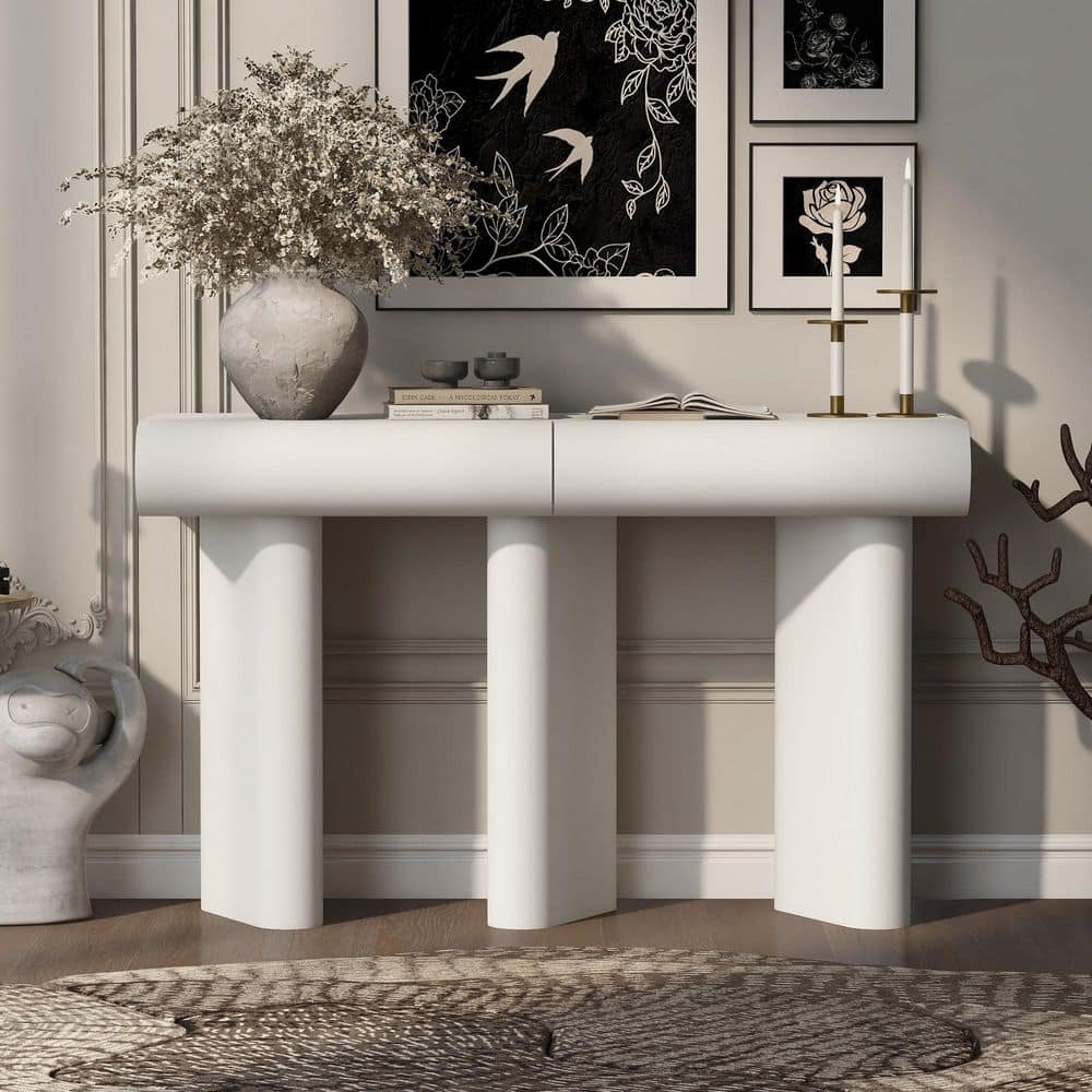 Geometric Design 47.6 in. White Specialty MDF Console Table with Arched Drawers, Legs and Hidden Handles