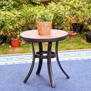Black Round Metal Patio Outdoor Side Coffee Bistro Table with Wood-Look Tabletop