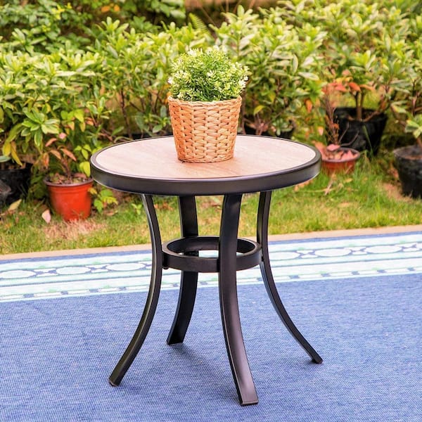 PHI VILLA Black Round Metal Patio Outdoor Side Coffee Bistro Table with Wood-Look Tabletop