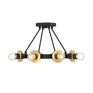 Harmoni 16 in. 8-Light Matte Black Industrial Semi Flush Mount with Brushed Gold Accents for Dining Rooms