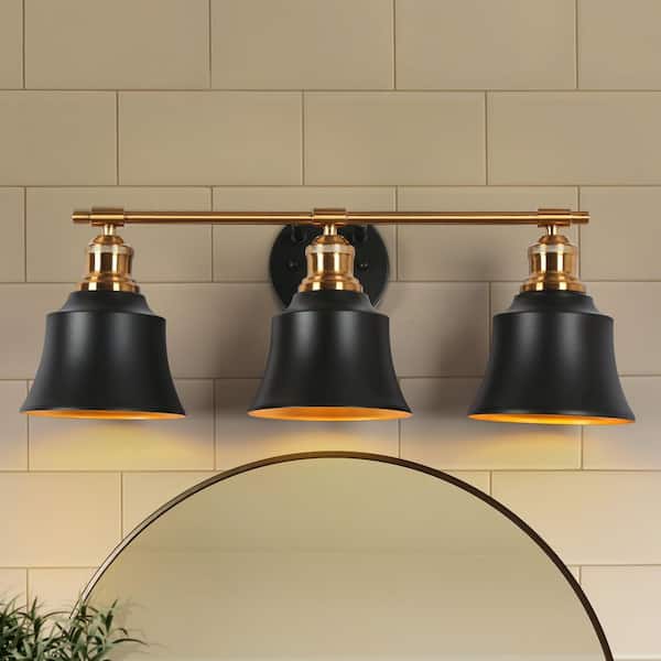 22 in. 3-Light Modern Transitional Black and Gold Bathroom Vanity Light with Metal Shades, Mid-Century Wall Light