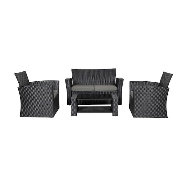 Westin Outdoor Hudson 4 Piece Black Rattan Wicker Patio Conversation Set With Gray Cushions 1101010 - Black Rattan Wicker Patio Chairs