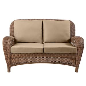 Beacon Park Brown Wicker Outdoor Patio Loveseat with CushionGuard Toffee Tan  Cushions