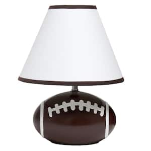 11.5 in. Brown and White Footballl Base Ceramic Bedside Table Desk Lamp with White Empire Fabric Shade with Brown Trim