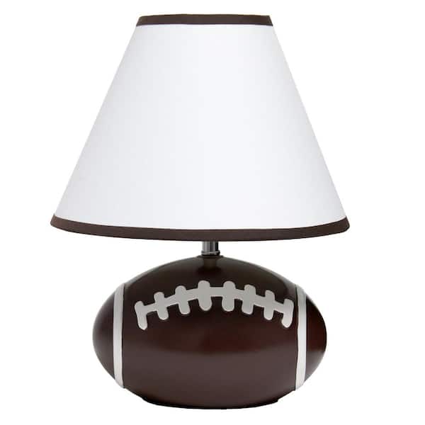 Simple Designs 11.5 in. Brown and White Footballl Base Ceramic Bedside Table Desk Lamp with White Empire Fabric Shade with Brown Trim