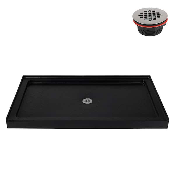 60 in. x 36 in. Alcove Acrylic Shower Pan Base in Matte Black with Center Drain, Drain Included
