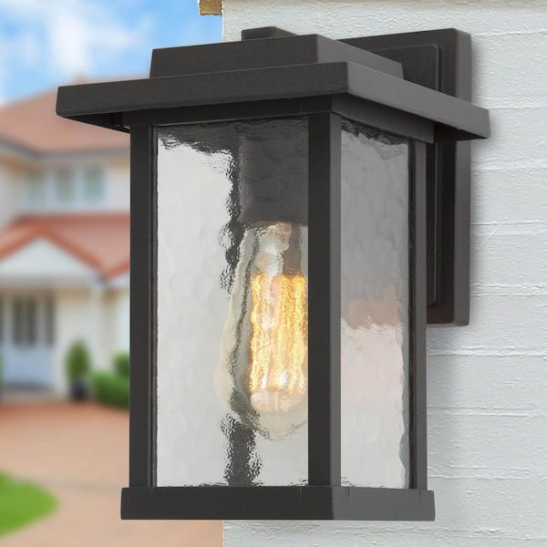 Matte Black Outdoor Wall Lantern Sconce with Textured Glass Shade Modern 1-Light Porch Patio Garden Wall Mounted Light