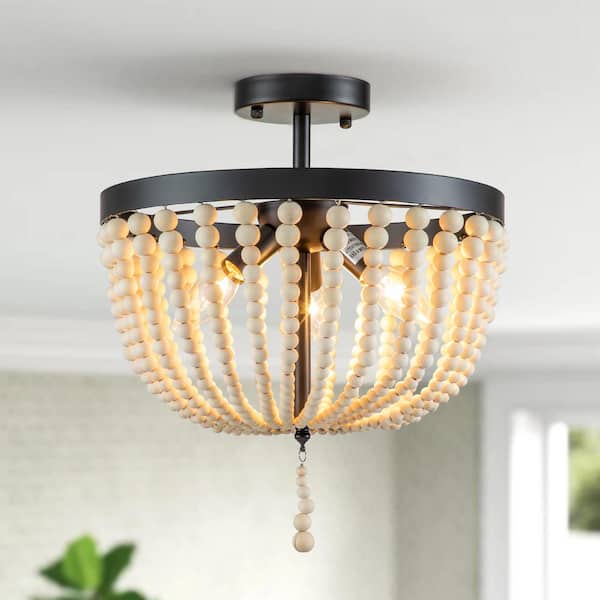 C Cattleya 13.75 in. 3-Light Black Finish Natural Wood Beaded Semi Flush Mount