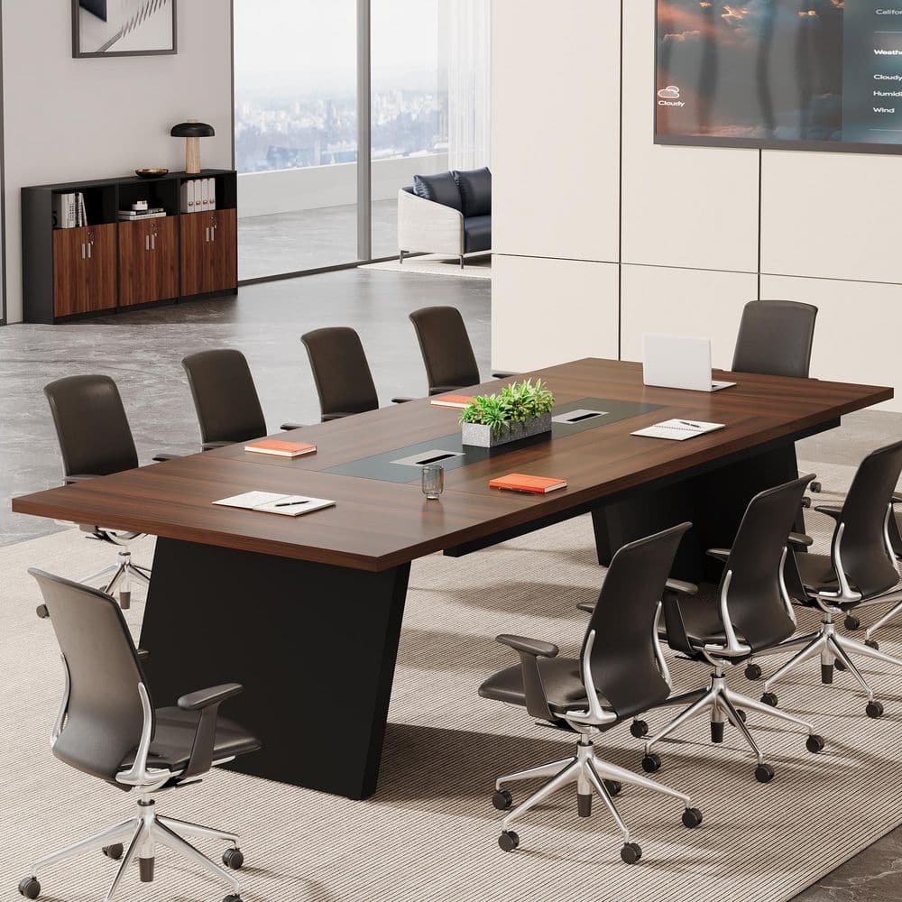 Moronia 94.5 in. Extra Long Conference Table, Modern Meeting Desk with Cable Management for Boardroom, Walnut and Black
