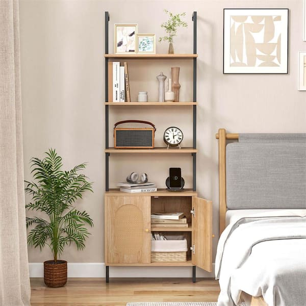 Costway 71 in. Tall Natural Wood 3 Shelf Wall Mounted Ladder Bookcase with Rattan Cabinet HCST01563