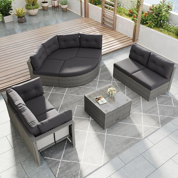Sudzendf 9-Piece Wicker Outdoor Conversation Patio Furniture Set with Gray Cushions