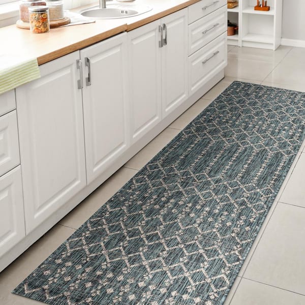 Ourika Moroccan Geometric Textured Weave Teal/Gray 2 ft. x 8 ft. Indoor/Outdoor Runner Rug