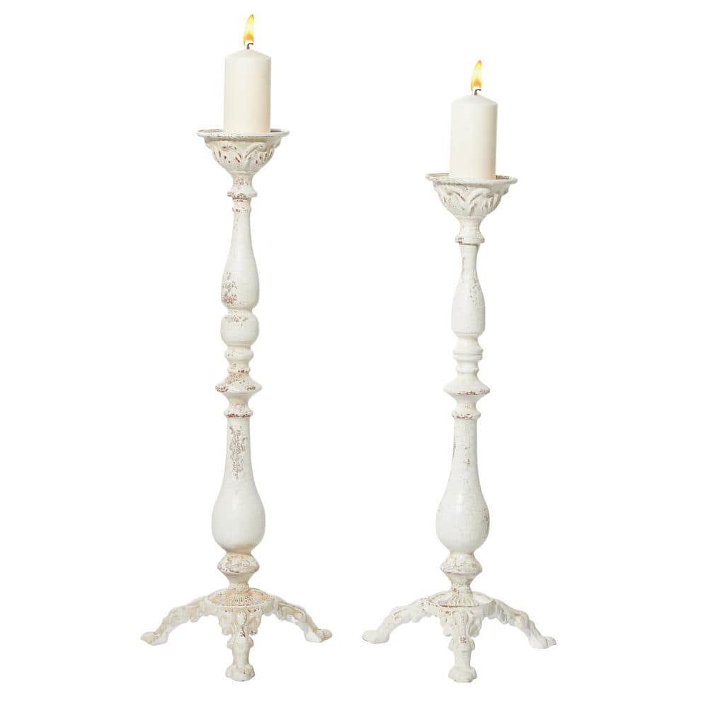 Tall Distressed White Iron Candle Lantern Set