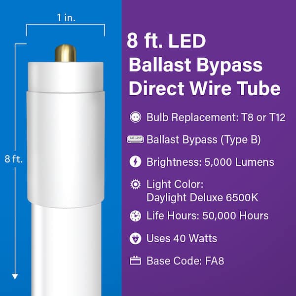 40-Watt 8 ft. T8/T12 FA8 Single Pin Type B Ballast Bypass Linear LED Tube Light Bulb, Daylight Deluxe 6500K (2-Pack)