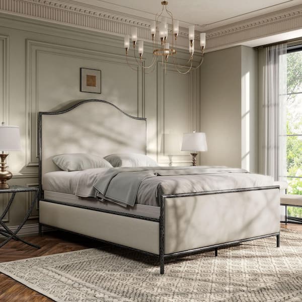 Parto Gray Modern Forged Metal Frame Queen Upholstered Fabric Camel Back Panel Bed