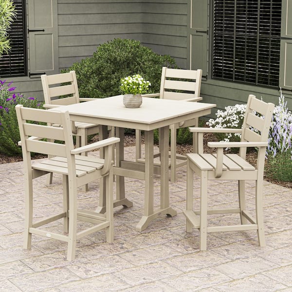 Grant Park Sand 5-Piece HDPE Plastic Side Chair Farmhouse Trestle Bar Set