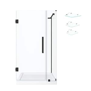 Tampa-Pro 36in. L x 36in. W x 75in. H Corner Shower Kit w/Pivot Frameless Shower Door in Black w/Shelves and Shower Pan