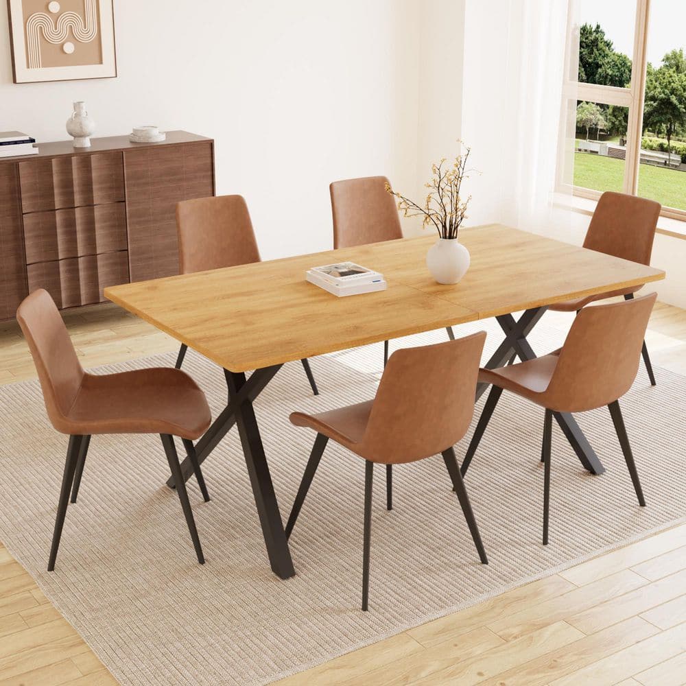 GOJANE 7-Pieces Rectangular Oak MDF Top Dining Table Set Seating 6