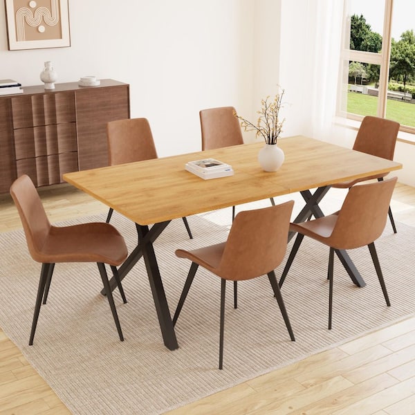 7-Pieces Rectangular Oak MDF Top Dining Table Set Seating 6 People(Oak Table+6 Leather Brown Chairs）